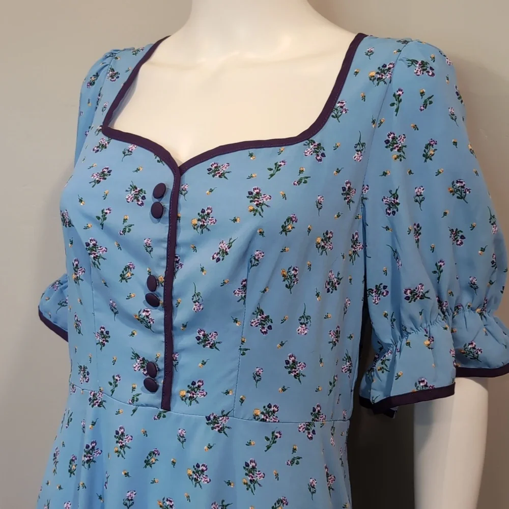 SHEIN Blue And Purple Floral Sweetheart Neckline Short Sleeve Midi Maxi Dress L